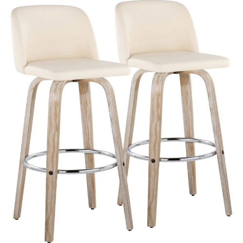 Toriano 30" Swivel Bar Stool White Washed Wood & Cream Leatherette with Chrome Footrest (Set of 2)